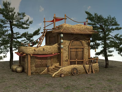 Traditional Building with Straw Roof Stone Walls and Wooden Door Featuring Pine Trees and Decorative Lanterns 3d model