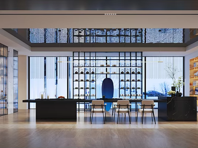Elegant Modern Tea Room Interior With Long Table Chairs Display Shelves And Green Plants 3d model