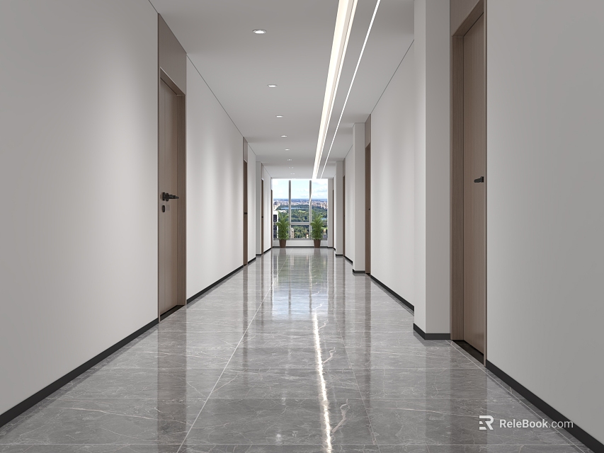 Modern Elevator Corridor With White Walls And Marble Flooring 3d model 
