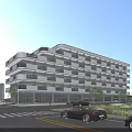 Modern Multi Storey Office Building Exterior With Balconies Street Cars And Trees
