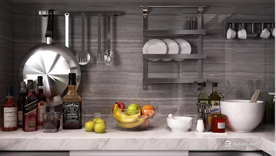Stylish Kitchen Cooking Utensils Hanging On Wall Rack With Plates Fruits And Bottles 3d model 