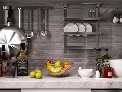 Stylish Kitchen Cooking Utensils Hanging On Wall Rack With Plates Fruits And Bottles 3d model