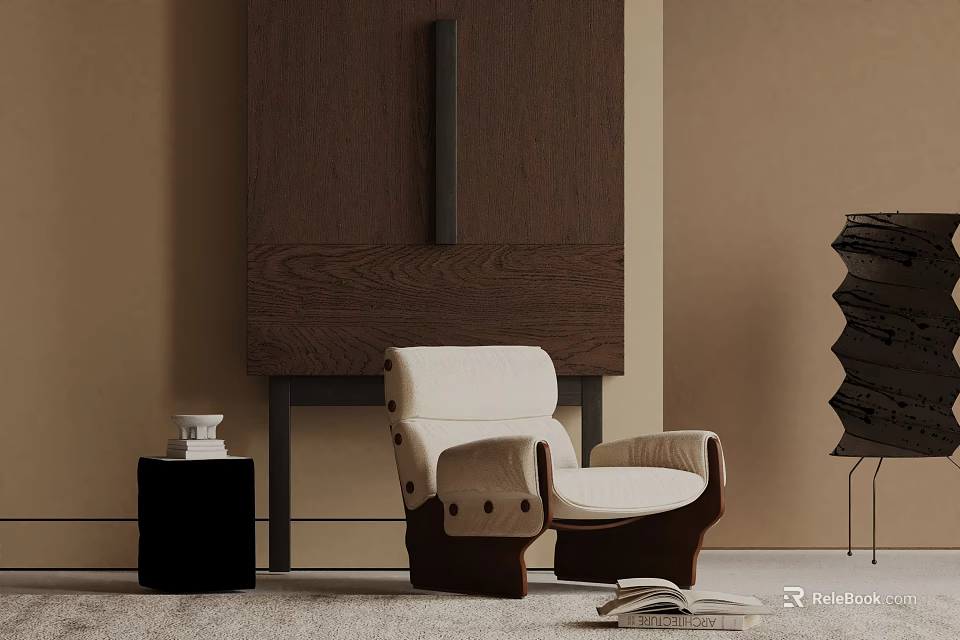 Beige And Brown Leisure Chair With Wooden Cabinet Black Side Table Carpet And Books In Modern Interior 3d model 