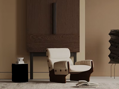 Beige And Brown Leisure Chair With Wooden Cabinet Black Side Table Carpet And Books In Modern Interior 3d model