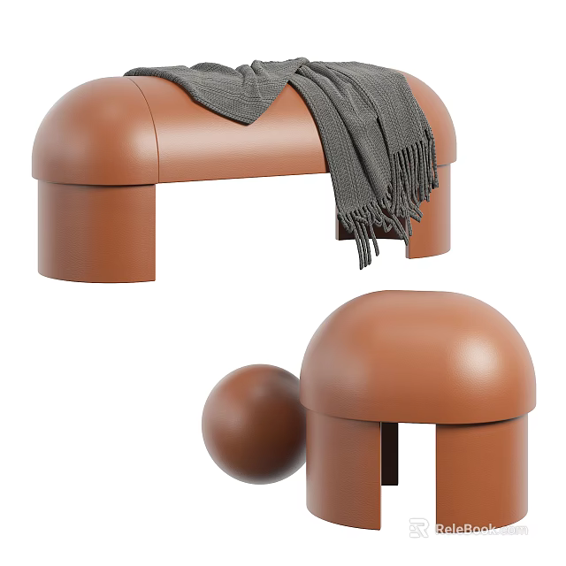 Modern Brown Sofa Stool With Gray Blanket And Smooth Curved Design 3d model