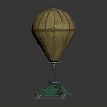 Green Car with Yellow Hot Air Balloon Suspended on Dark Reflective Surface
