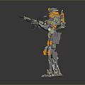 Gray And Orange Mechanical Robot Standing With Weapon And Armored Gear
