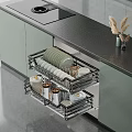 Green Kitchen Cabinets Interior With Black Countertop Organized Drawer Storage For Dishes Cups Jars