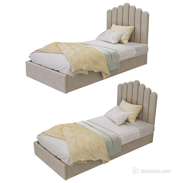 Single Bed with Scalloped Headboard Beige Frame White Sheets Yellow Green Throws and Pillows 3d model 