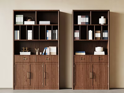 Wooden Bookcase With Multiple Shelves Books Decorative Items And Gold Handle Cabinet Doors 3d model