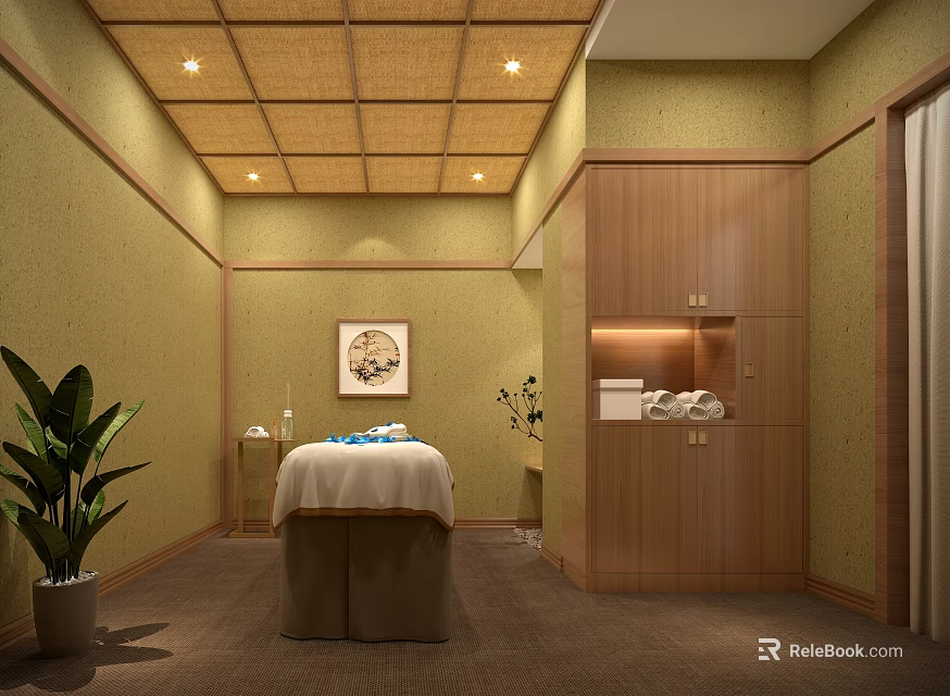 Cozy SPA Sauna Room With Massage Bed White Sheets Blue Towels And Bamboo Ceiling 3d model 