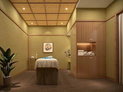 Cozy SPA Sauna Room With Massage Bed White Sheets Blue Towels And Bamboo Ceiling 3d model