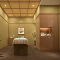 Cozy SPA Sauna Room With Massage Bed White Sheets Blue Towels And Bamboo Ceiling