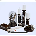 Decorative Ornament Set With Glass Cloches Candle Holders Wooden Bases And Airplane Model