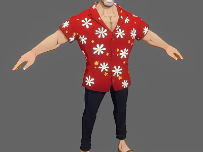 Game Movie Character Wearing Red Shirt With White Flower Patterns Black Pants And Mask 3d model