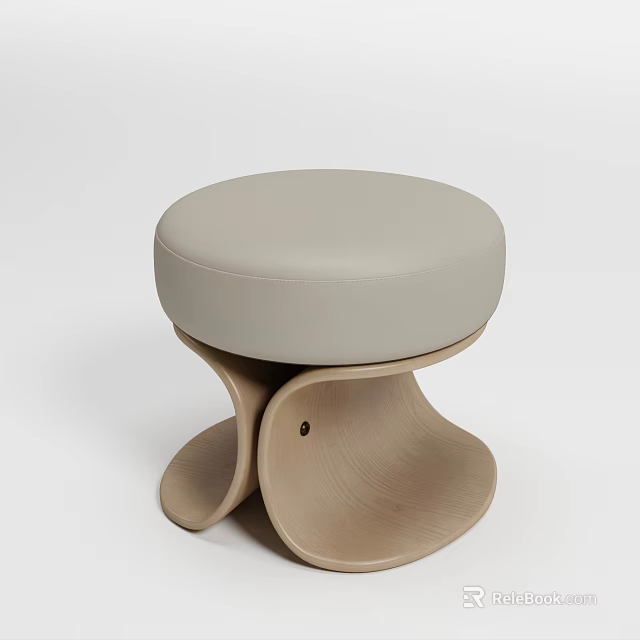 Modern Wooden Stool With Light Gray Padded Seat And Curved Unique Base Design 3d model 