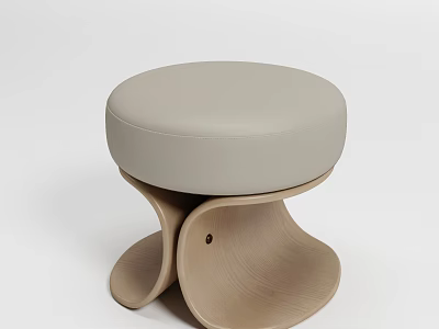 Modern Wooden Stool With Light Gray Padded Seat And Curved Unique Base Design 3d model
