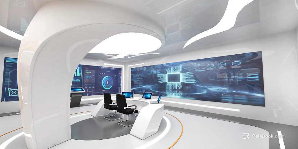 Modern Exhibition Hall Interior With Digital Screens Workstations And Ergonomic Chairs 3d model 