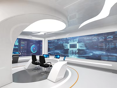 Modern Exhibition Hall Interior With Digital Screens Workstations And Ergonomic Chairs 3d model