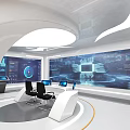 Modern Exhibition Hall Interior With Digital Screens Workstations And Ergonomic Chairs