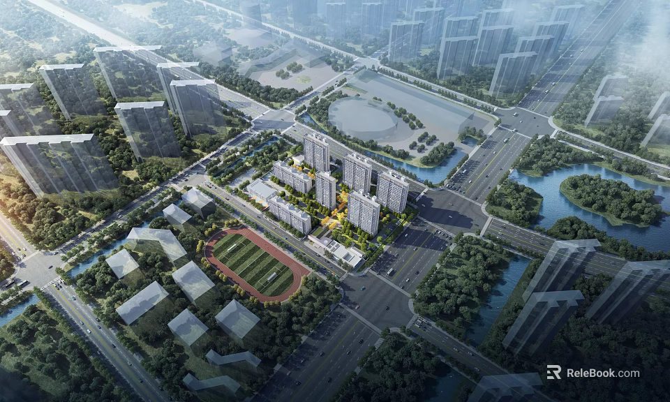 Aerial Planning of Modern Residential District with Sports Field Roads and Green Spaces 3d model 