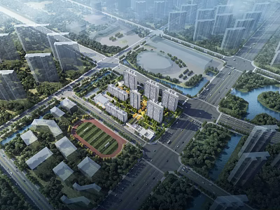 Aerial Planning of Modern Residential District with Sports Field Roads and Green Spaces 3d model