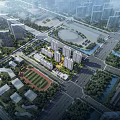 Aerial Planning of Modern Residential District with Sports Field Roads and Green Spaces