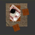 Wooden Table with Stools Red White Checkered Tablecloth Black Pot Plate Spoon Fork on Rug