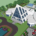 Triangular Sales Office Building With Modern Glass Facade Front Water Feature And Greenery
