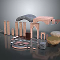 Various Sizes Brick Columns With Arched Structures And Stone Blocks