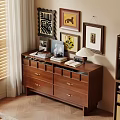 Wooden Decorative Cabinet With Books Table Lamp And Framed Artworks Near Blinds And Plant