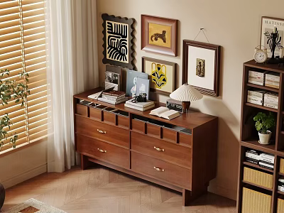Wooden Decorative Cabinet With Books Table Lamp And Framed Artworks Near Blinds And Plant 3d model