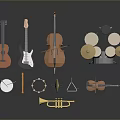 Household Musical Instruments Collection With Guitar Bass Violin Trumpet And Drum Set