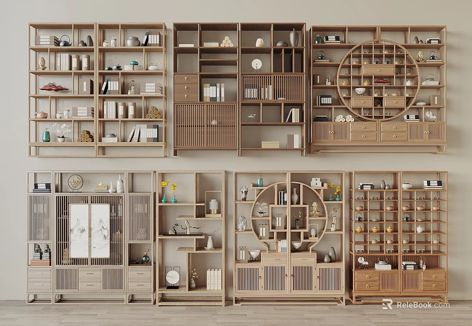 Chinese Style Wooden Display Shelves With Multiple Designs And Decorative Items 3d model 