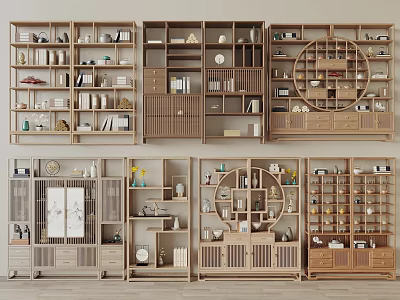 Chinese Style Wooden Display Shelves With Multiple Designs And Decorative Items 3d model