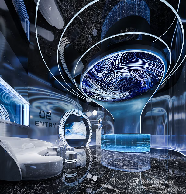Futuristic Entry Reception Area Design With Curved Blue Lighting And Reflective Marble Reception Desk 3d model 