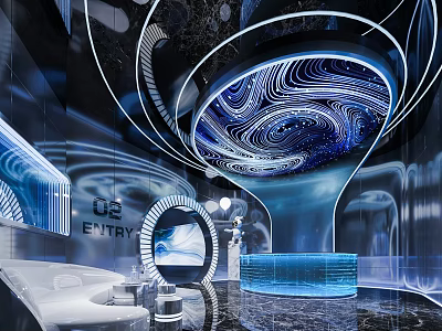 Futuristic Entry Reception Area Design With Curved Blue Lighting And Reflective Marble Reception Desk 3d model