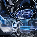 Futuristic Entry Reception Area Design With Curved Blue Lighting And Reflective Marble Reception Desk