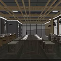 Traditional Chinese Restaurant Kitchen Interior With Dining Tables And Decorative Paintings
