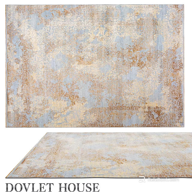 Vintage Square Rug With Blue Beige Brown Distressed Pattern And Soft Texture 3d model 