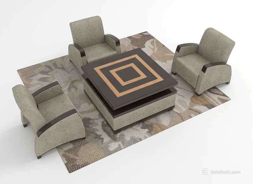 Leisure Sofa Set With Three Armchairs Square Coffee Table And Floral Area Rug 3d model 