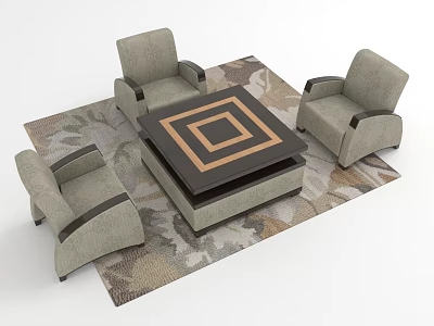 Leisure Sofa Set With Three Armchairs Square Coffee Table And Floral Area Rug 3d model