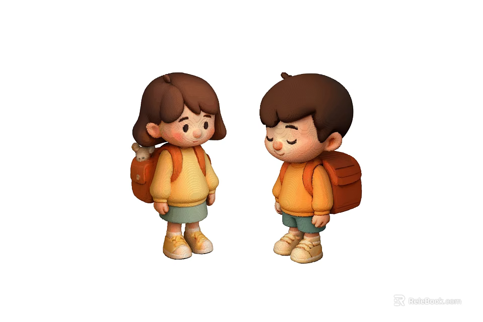 Cute Cartoon Kids With Backpacks Standing Together In Casual Outfits 3d model 
