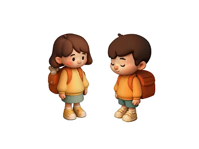 Cute Cartoon Kids With Backpacks Standing Together In Casual Outfits 3d model