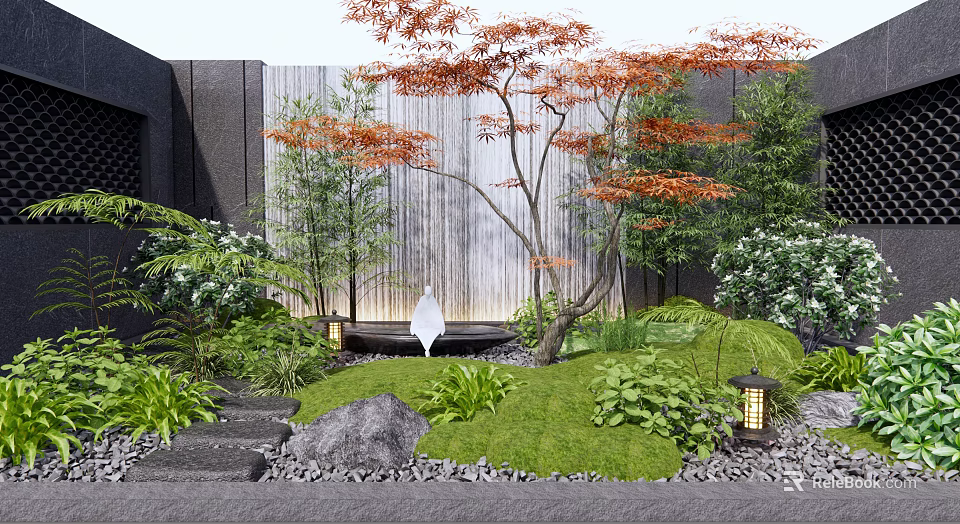 Garden Courtyard Featuring Red Maple Tree Waterfall Wall Grass Stones And Lanterns 3d model
