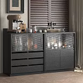 Modern Dark Sideboard With Glass Doors Drawers And Coffee Machine On Top Near Wooden Shutters