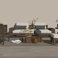 Modern Sofa And Coffee Table Set With Wooden Chairs Decorative Vase Fruits And Lamp