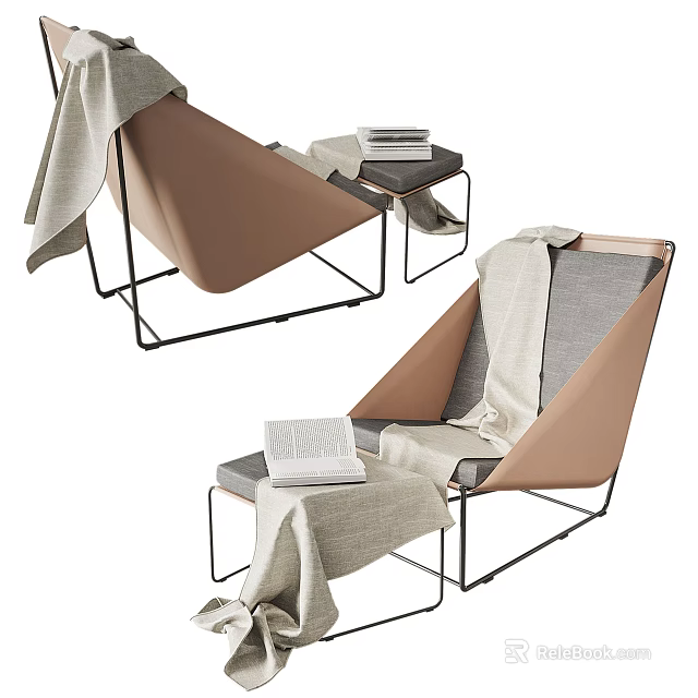 Modern Leisure Chair With Brown Gray Fabric Black Metal Legs Blanket Side Table And Books 3d model 