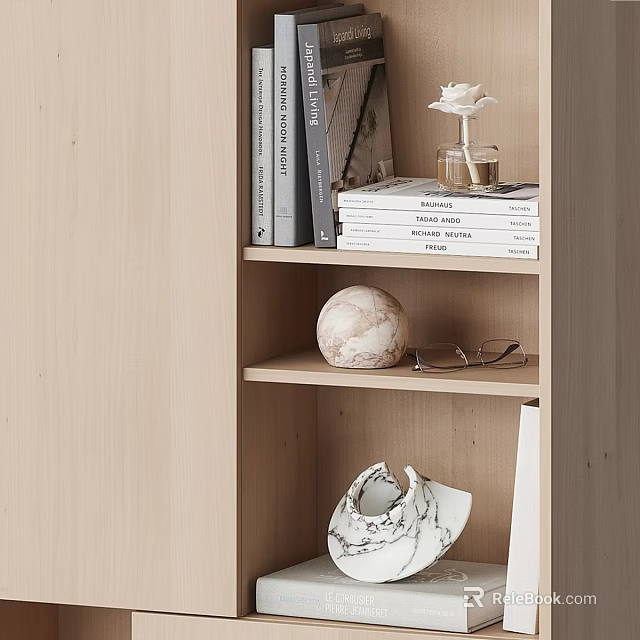 Light Wooden Shelf Featuring Books Magazines White Flower Marble Sphere Eyeglasses And Vase 3d model 