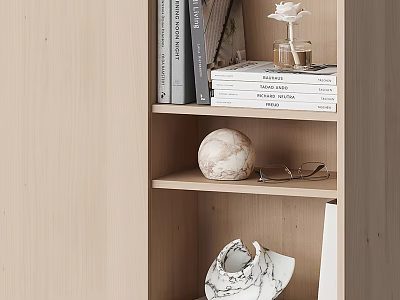 Light Wooden Shelf Featuring Books Magazines White Flower Marble Sphere Eyeglasses And Vase 3d model